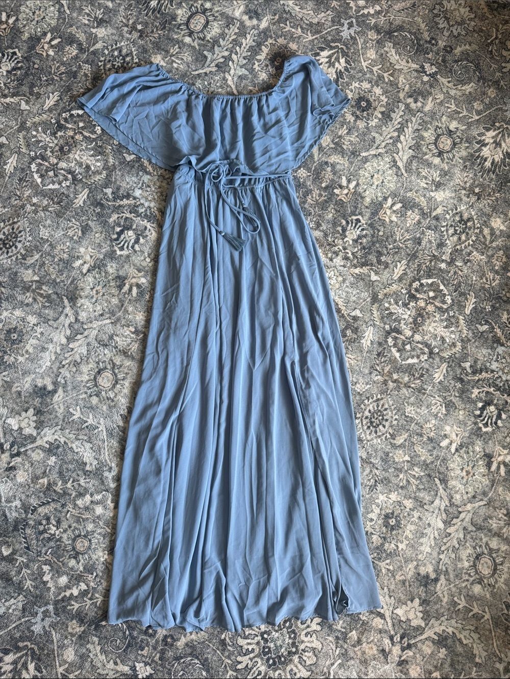 Aakaa Dusty Blue Off-Shoulder Maxi Dress with Waist Tie
